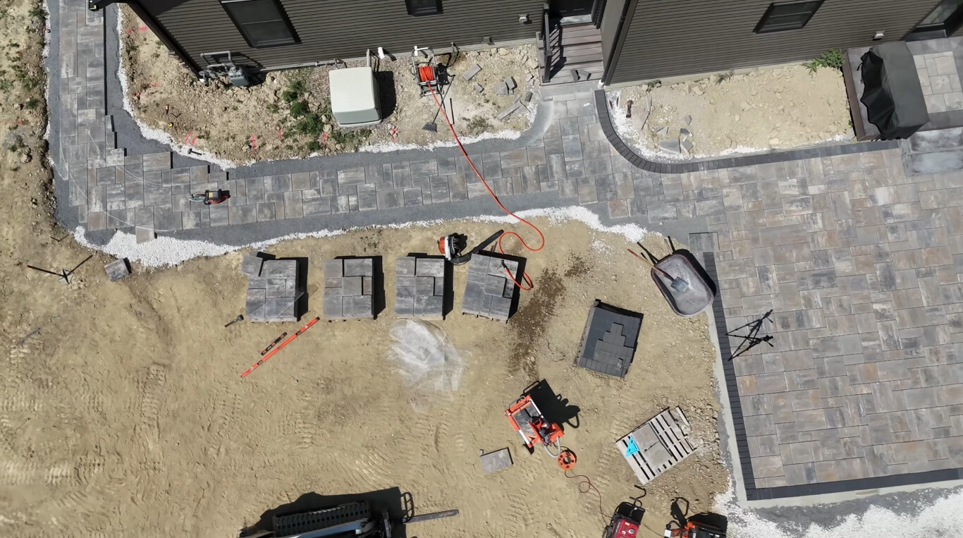 Decorative concrete paver installation aerial view in Chino, CA
